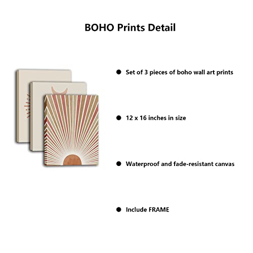 Boho Prints Sun Wall Art - Mid Century Moon Phase Canvas Paintings For Home Decoration Bohemian Framed Abstract Artwork 3Pcs 12X16 Inches Pictures For Teens Bedroom Dorm Living Room Bathroom Painting #TOP4