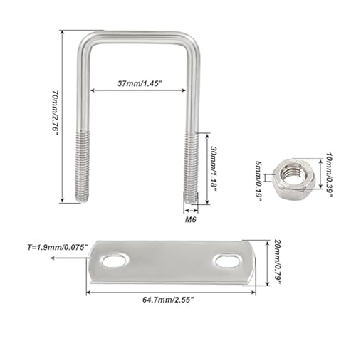4 Stück M6 x 35 x 70 mm,quadratischer U-Bolzen,304 Edelstahl, Bügelschraube U Bügelbolzen Edelstahl Mit Mutter Rahmenplatte,U-Schrauben Für Rohr Befestigung