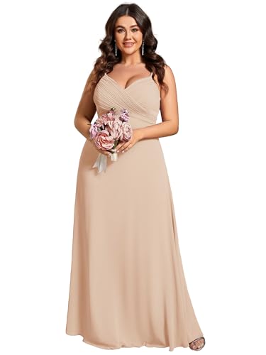 Image of Ever-Pretty Women's Chiffon Pleated Spaghetti Straps Sleeveless A Line Plus Size Bridesmaid Dresses Formal Gown Champagne US18