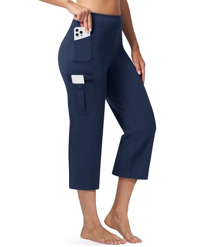 Casei Womens 21 Yoga Capris High Waisted with Pockets Cargo Capri Legging Pants Straight Leg Casual Workout Travel Cropped Pants Navy L