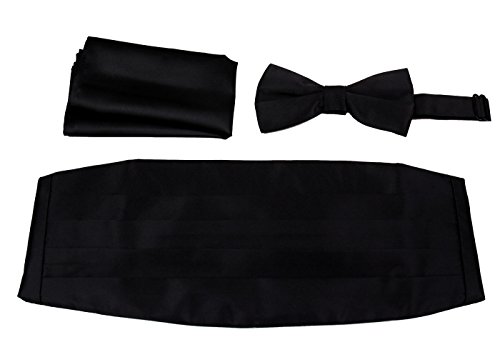 Cbund-Adf-19 - Mens Formal Woven Satin Cummerbund Pre-Tied Bowtie Hanky Set. #TOP12