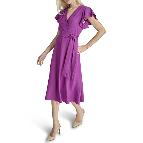 Image of DKNY Women's Flutter Sleeve Tie Fit & Flare Midi Dress