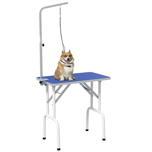 PawHut Mesa de Peluquería Canina Plegable, Mesa de Aseo con Encimera Antideslizante, Brazo de Acero Inoxidable Ajustable, para Perros, Gatos, 81x48,5x80 cm, Azul