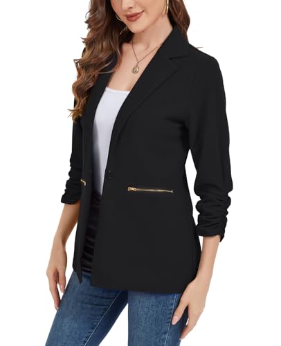 MINTLIMIT Womens Blazer 3/4 Ruched Sleeve Button Front Jackets Casual Work Office Cardigan Suit Jacket with Zipper Pocket3