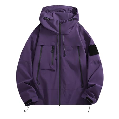 Mens Waterproof jacket Casual Fashion Windproof Long Sleeve Hooded Coat Outdoor Hiking Camping Fishing Jacket waterproof mens jackets blue mens rain jackets work Purple L