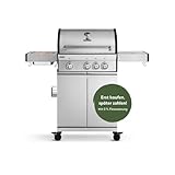 BURNHARD 3-Brenner Gasgrill FRED Deluxe 2022 inkl. 900°C Infrarot-Keramikbrenner und Seitenkochfeld, 13,5kW Edelstahl Grillwagen mit klappbaren Seitentischen, Gusseisen-Grillrost, inkl. Abdeckhaube