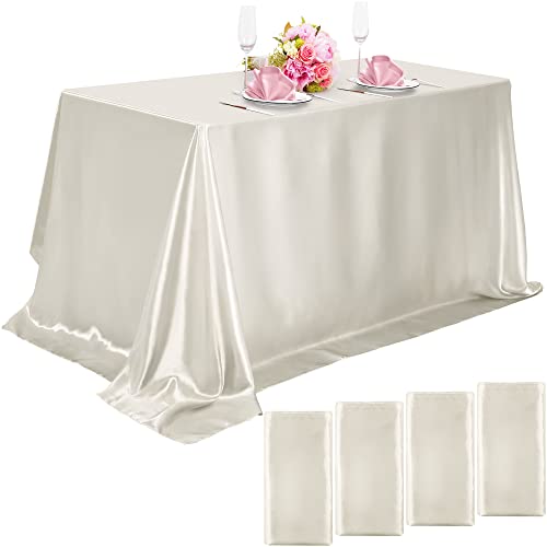 Fittmo 4 Pieces Satin Tablecloth Table Cover 58 X 102 Inch Bright Silk Rectangle Tablecloth Overlay Satin Tablecloth Smooth Fabric Table Decor For Wedding Banquet Table Decoration, Ivory #TOP28