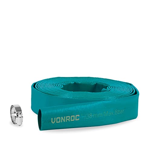 VONROC Kit Tuyau Plat pour Pompes Submersibles - Universel, 10m x 38mm - Pression Maximale : 8 Bar - Collier de Serrage Inclus - Grande Capacité de Débit -...