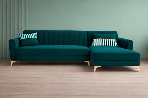 Image of Adorn India Premium Luster 8 Seater L Shape Sofa Set with 2 Puffy & 1 Center Table | Velvet Suede Fabric | 3-Year Warranty | RHS | Ocean Blue with Golden Legs & Striped Pattern Cushion