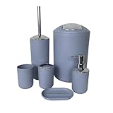 G.mütlich Badezimmer Set 6-teilig, Badaccessoires Komplettset Kunststoff, WC Garnitur mit Klobürste, Mülleimer, Zahnputzbecher, Seifenspender & Schale, Bad Zubehör Deko (Grau)