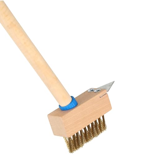 Heavy-Duty Weed Remover Tool with Long Wooden Handle, 120cm Wire Brush Patio Cleaner, Angled Brass Bristles, Steel Blade Scraper, Ideal for Cleaning Patios, Block Paving, and Driveways