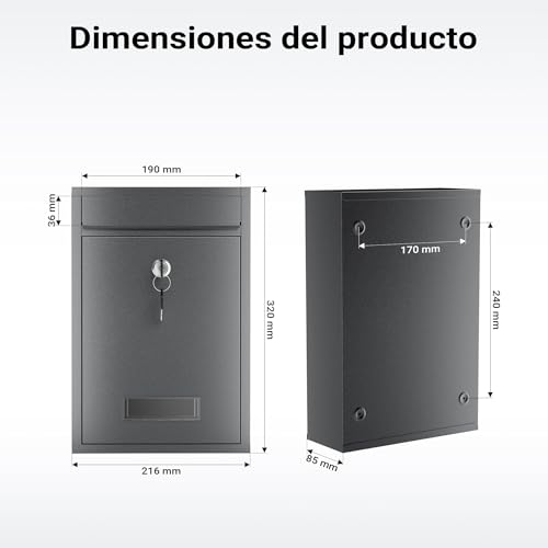 Miniatura 3 de Wiltec Buzón V11 Antracita Casilla De Correo De Pared De Acero Con Recubrimiento En Polvo Con Placa De Identificación, Ranura Amplia Para Cartas Y 2 Llaves