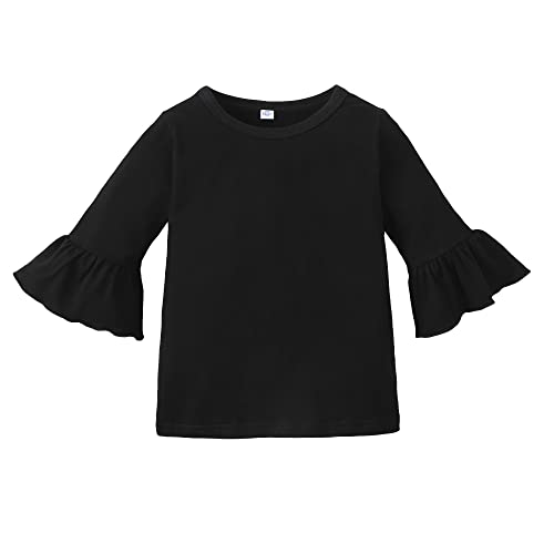 Kids Toddler Girls Ruffle Bell Sleeve Blouse Solid Color Shirt Basic Knit Tee Fall Tops (3-4 Years, Black) #TOP29