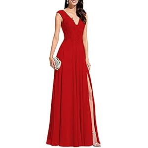 NaTengs Dames V-hals split formele galajurken applicaties lange avondwanten, Rood, 32 NL