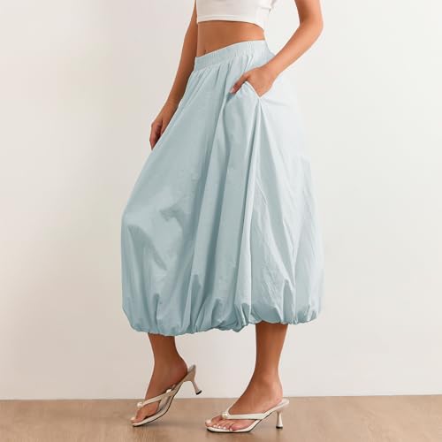 Women Bubble Y2K Maxi Skirt High Waist Solid Color A Line Long Skirts Pleated Flowy with Pockets4