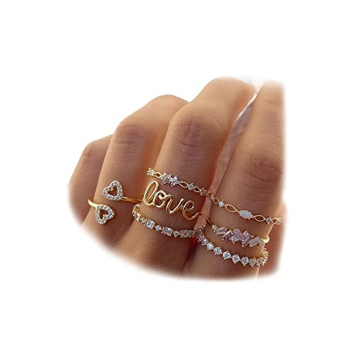 KISS WIFE Gold Stackable Moon Star Knuckle Rings Set for Women, Boho Dainty Lightweight Stacking Rings, Vintage Midi Rings Pack, Trendy Jewelry (Gold-Love Heart)