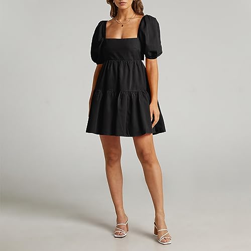OWNGIGI Women's Summer Dress Square Neck Puffy Short Sleeve Loose Tie Back Casual A-Line Mini Dresses4