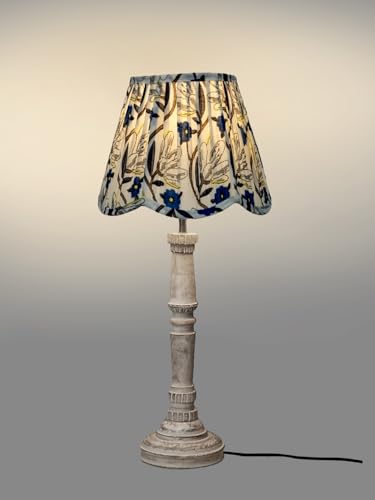 Image of Green Girgit Wooden Distress White Empire Lamp with Pleeted Multicolor Blue Floral Lotus Shape Lamp Shade