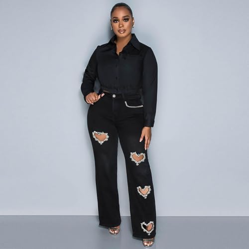 Women's Y2K High Waist Distressed Jeans, Wide Leg, Crystal Heart Details, Light Blue3