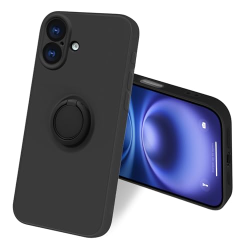 bjnosdv iPhone 16 ケース リング付き シリコン 耐衝撃 アイフォン16 リング カバー 360°回転 スタンド機能 リングの機能 車載ホルダー対応 レンズ保護 指紋防止 薄型 ストラップホール付き(ブラック)