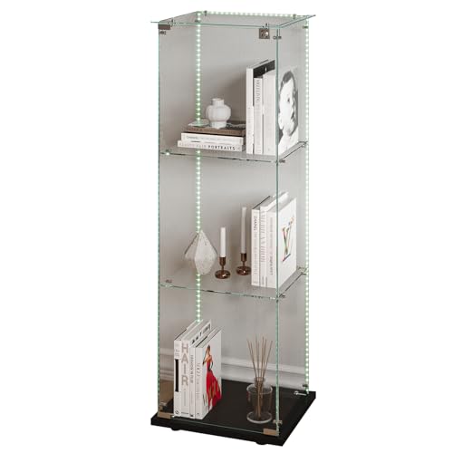 Sorvaglos - Vitrina con tira LED, 3 pisos, puerta de cristal templado, negro, antipolvo, vitrina vertical para sala de estar, oficina, objetos de colección, 35 x 39,8 x 123,3 cm