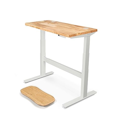 Image of UPLIFT DESK - V2 Rubberwood Butcher Block (48 x 24 inch) 1.5 inch Desktop Standing Desk, Height Adjustable Commmerical Frame (White), Advanced Keypad, Wire Grommets, Wire Tray, Rocker Board