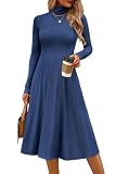 Picture of CFLONGE Women's Casual Ribbed Knit High Neck Dress Long Sleeve Fall Dress for Women 2025 Lightweight A Line Flare Dresses(Grey Blue,Small)