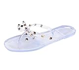 OMGard Womens Studded Sandals Bow Flip Flops Jelly Shoes Womens Clear Jellies Flat Size 11, Summer Beach Thong Slides with Rivets Dressy Slippers Slip On