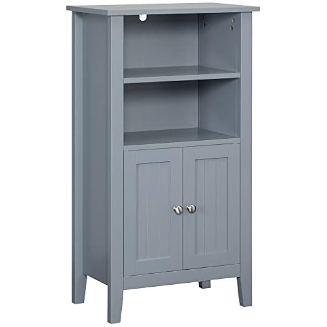 kleankin Bathroom Floor Cabinet, Wooden Bathroom Cabinet with 2 Open Shelves, Double Doors and Adjustable Shelves, Freestanding Storage Cabinet for Bathroom, Dark Grey