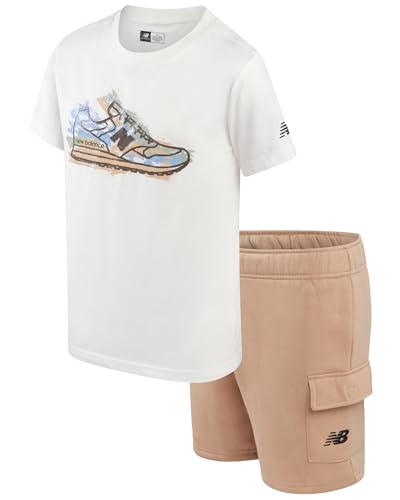 Image of New Balance Boys Shorts Set - 2 Piece Athletic Performance Short Sleeve T-Shirt and Fleece Cargo Sweat Gym Shorts (8-12)