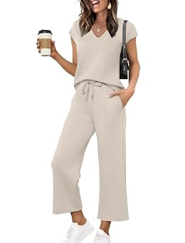 Saloogoe Workout Sets for Women 2 Piece Set Summer Travel Vacation Outfits Cozy Wide Leg Pants Comfy Business Casual Work Clothes V Neck T Shirts Airport Jogger Set Beige XL