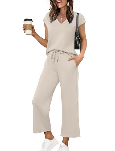 Saloogoe Workout Sets for Women 2 Piece Set Summer Travel Vacation Outfits Cozy Wide Leg Pants Comfy...