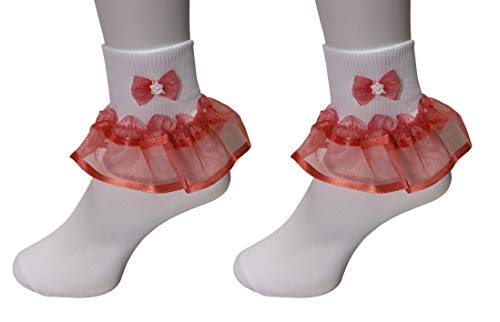 Tip Top Girls Ruffle Socks 2 Pairs - Big Full Organza with Trim and Beaded Bow Tie Pageant Fanfare Foldover Ankle Style
