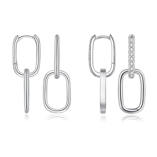 Cangall Convertible Link Earrings for Women, 2 Pairs 925 Sterling Silver Double Oval Hoop Earrings Set, Paperclip Link Chain Earrings, Hypoallergenic Silver Sleeper Hoop Earrings with Geometric Dangle