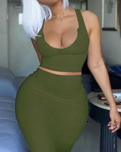 Image of Women Sexy Two Piece Skirt Outfits Long Sleeve /Sleeveless V Neck Bodycon Ribbed Knitted Maxi Club Party Dress