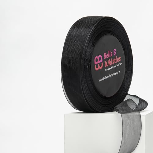 Image of Bells&Whistles Sheer Organza Ribbon | Pack of 2 | Length: 50 Yards Width: 1 inch | Christmas, Festive Decoration. (Midnight Black)
