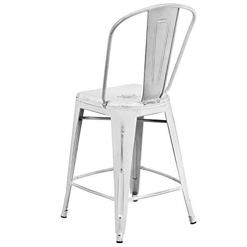 Flash Furniture Blake Commercial Grade 4 Pack 24" High Distressed White Metal Indoor-Outdoor Counter Height Stool With Back #TOP5