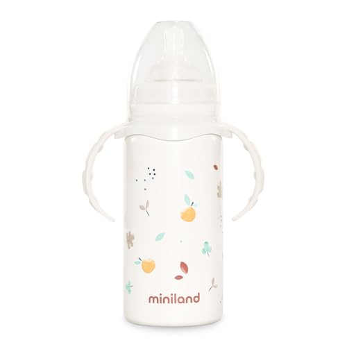 Miniland Thermibaby Valencia. Termo de 240ml de acero inoxidable con tetina, doble capa de acero, que mantiene la temperatura de la bebida fría y caliente durante horas