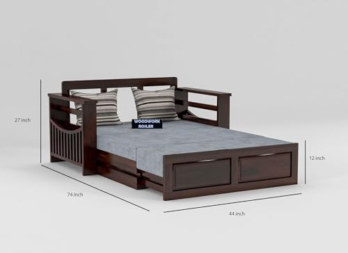 Image of Solid Sheesham Wooden Sofa Cums Bed with Mattresses for Living Room | Rosewood 2 Seater Sofa Cums Bed for Bedroom Without Pillow (A-Walnut)