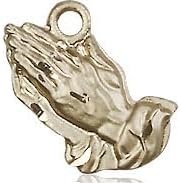 14kt Gold Praying Hands Pendant on a 20 inch Gold Filled Light Rope Chain.
