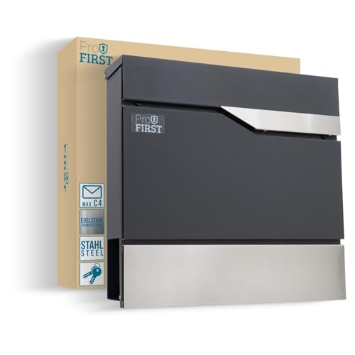 Profirst Matera - Cassetta della posta in acciaio, con serratura a cilindro, 2 chiavi, grande capacità, scomparto per giornali, materiale di fissaggio incluso