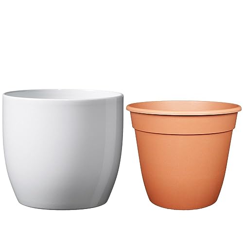 Set - SK Soendgen Keramikübertopf Basel ø21 cm, Weiss glänzend + Pflanztopf ø20, hochwertiges Wohnambiente