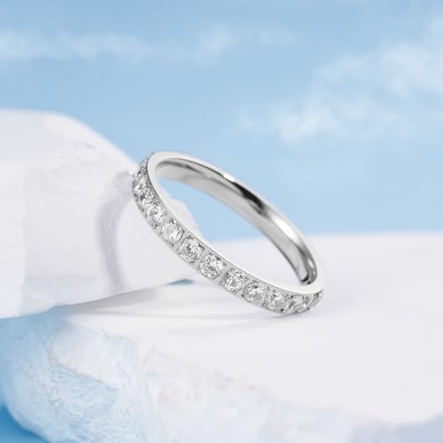 King Will CZ Simulate Diamond Stackable Rings for Women, Full Eternity Wedding Band, 3mm Titanium Silver/Gold/Rose Gold Plated Pink Cubic Zirconia Anniversary ring, Hypoallergenic & Comfort Fit2