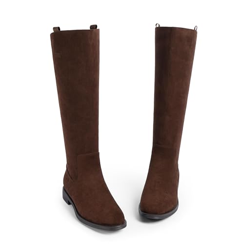 Image of Modatope Knee High Boots Women Rounded Toe Flat Retro Bais Opening Low Chunky Heel Riding Boots