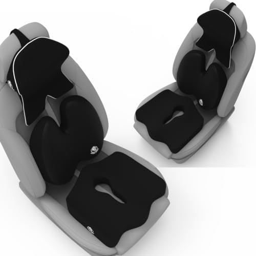 Image of MRRON Memory Foam Posture Corrector Car Seat Cushions Combo | Orthopedic Backrest, Coccyx Cushion & Neckrest | Ergonomic Lumbar Comfort Seat Cushion | Reduces Sciatica (Black, Backpro)