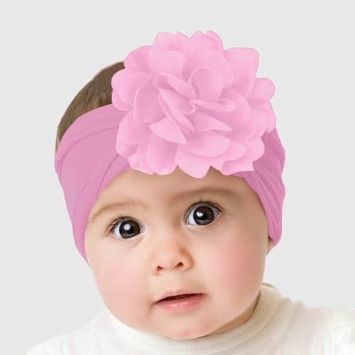 Image of SYGA PACK OF 3 Headbands Nylon Flower Soft Stretchable Hairband for Newborn Infant Toddler Kids For 0-3 Year (MediumPink-Beige Yellow-Turquoise)