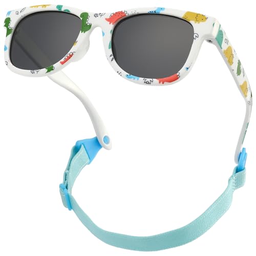 CIKJUK Polarised Baby Sunglasses 0-24 Months - with Flexible Strap Flower Printing Design Silicone Sun Glasses for Toddler Newborn Infant UV Protection - White