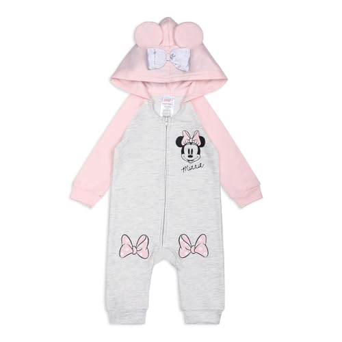 Image of Disney Minnie Mouse Girls’ Zip Up Hooded Coverall for Newborn – Pink/Grey
