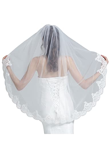 Beautelicate Wedding Bridal Veil With Comb 1 Tier Lace Applique Edge Fingertip Length 41" #TOP3