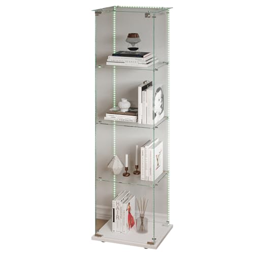 Sorvaglos - Vitrina con tira LED, 4 pisos, puerta de cristal templado, blanco, antipolvo, vitrina vertical para sala de estar, oficina, objetos de colección, 35 x 39,8 x 163 cm